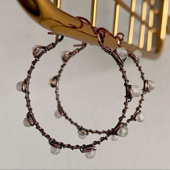 Handcrafted Moonstone + Hammered Copper Hoop Earrings - Picture 5 of 9